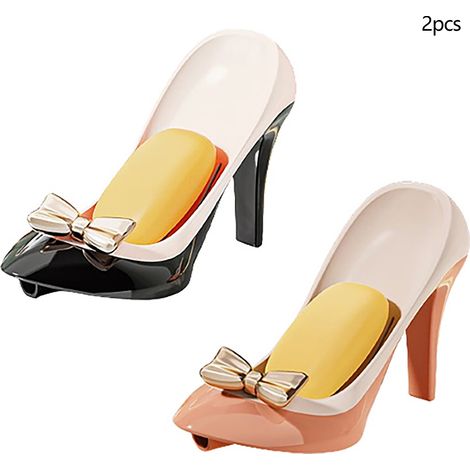 [Ande Online] 2-teiliges kreatives Seifenschalen-Set in Form eines High Heels für das Badezimmer, Designer-Wandseifenhalter mit Saugnapf für das Waschbecken (weiß/schwarz-creme + weiß/orange-creme)