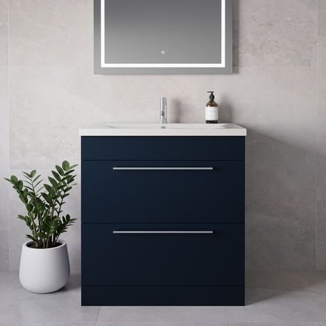 Napoli 460 Deep Blue 800mm 2 Drawer Vanity Unit with Glide Basin - 800mm - Chrome 480mm Handle
