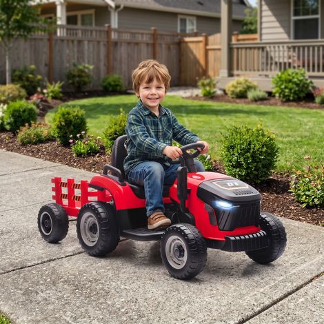 Tracteur électrique enfants avec remorque amovible, voiture électrique enfants, télécommande 2,4G, 139x58x55cm, rouge (1/5)