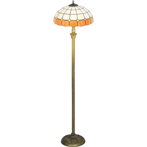 Tiffany-Style Floor Lamp with Handcrafted Stained Glass Shade, 152cm Tall Vintage Standing Lamp with Foot Switch Dual Sockets for Living Room Bedroom, Bronze Tone Orange (1/5)