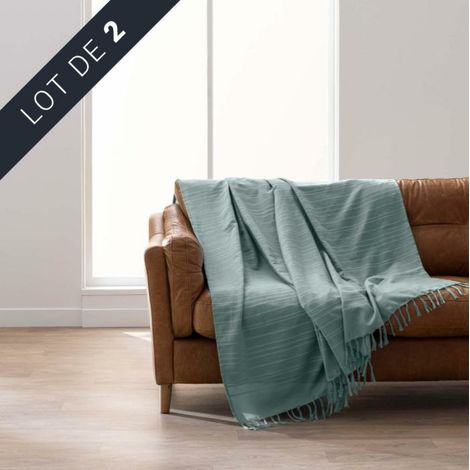 Lot de 2 plaids LILIA 180 x 220 cm – 100 % coton – Plaid à franges sauge (1/4)