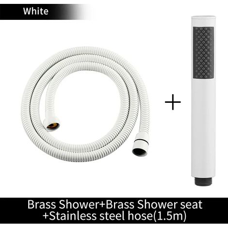 Ensemble complet blanc : Pommeau de douche à main en laiton doré brossé, douchette de bain noire mate, pommeau de douche effet pluie blanc, finition chromée économique. (1/4)