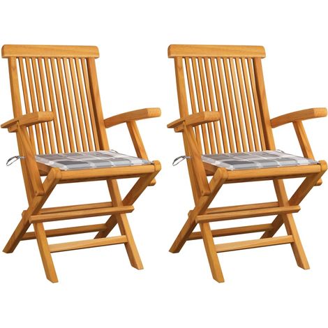 Gartenstühle Graue Karomuster-Kissen 2 Stk. Massivholz Teak (1/5)