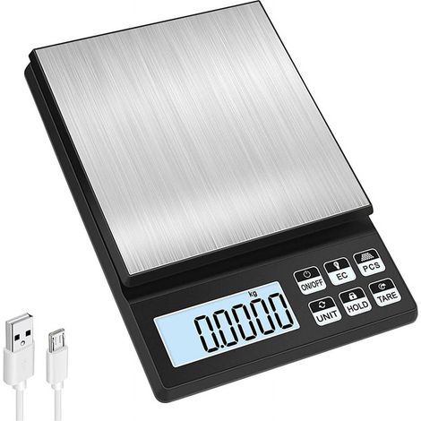 Balance De Cuisine Numérique - 5000 g / 0,01 g - Écran LCD Rétroéclairé - Acier Inoxydable - Rechargeable USB - 7 Unités de Mesure - 1 Pièce