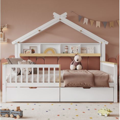 Letto a casetta per bambini 140x200 cm in legno bianco e naturale con cassetti - FLORAGRACE (1/5)