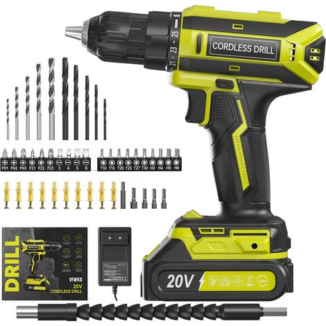 Perceuse Visseuse Sans Fil, 20V Visseuse Devisseuse Sans Fil, 25+1 Réglages de Couple, Perceuse-visseuse Max 42Nm Visseuse, LED, jeu de 56 Accessoires pour l'Entretien et le Bricolage, Vert (1/5)