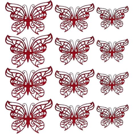 Lot de 12 papillons 3D ajourés décoratifs, autocollants muraux polyvalents et imperméables, 3 tailles disponibles pour la décoration de fond. Légers et résistants.-Red (1/5)