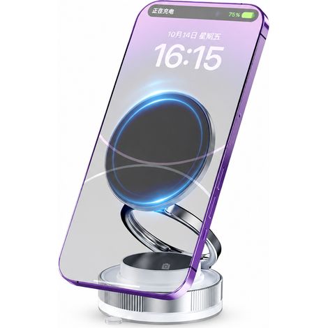 Support Téléphone Magnétique à Ventouse sous Vide, Pliable, Réglable et Rotatif, Blanc, pour Voiture et Bureau (1/5)