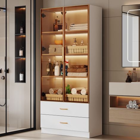 URBAN MEUBLE Vitrine haute blanc 2 grands tiroirs et 2 portes en verre trempé teinté, avec bande éclariage LED 75x34.5x170cm (1/5)