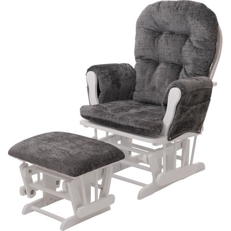 Fauteuil relax à bascule avec repose pieds assise confortable poches latérales tissu chenille gris foncé structure bois blanc 040009920