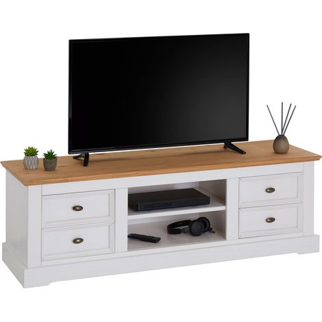 Idimex – Meuble TV en pin massif lasuré blanc/brun – 4 tiroirs – 2 niches avec passe-câble – Dimensions 46 x 144 x 45 cm (H x L x P) (1/4)