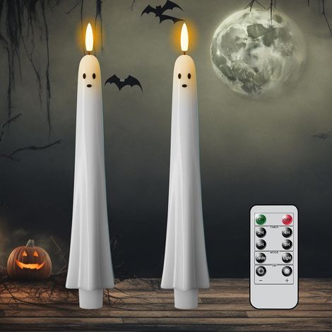 Lot de 2 Bougies Chandelles Fantôme LED, Effet Flamme Vacillante et Mèche 3D, Télécommande, Minuterie, Décoration Halloween (1/5)