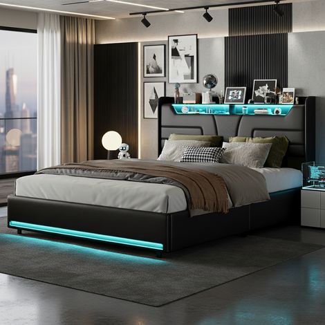 Letto 140x190 cm con illuminazione LED regolabile - porta USB - PU - contenitore idraulico - rete a doghe - letto per adulti - Nero