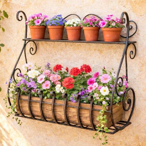 DanDiBo Pflanzenhalter Wand Wandblumenhalter Blumenhalter Blumentopfhalter Schwarz Metall 50 cm Hängend Wandkorb Sebino Pflanzenregal Blumenregal Wandregal