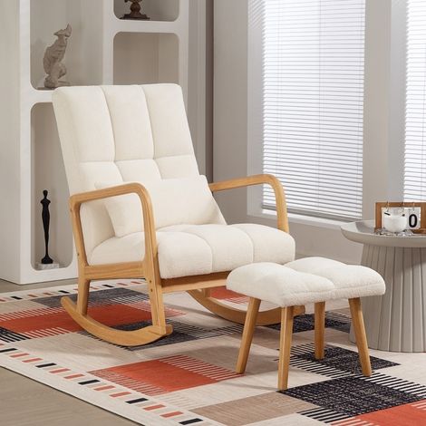 Sillón mecedora con reposapiés 64.5x82x99 cm blanco en madera con respaldo alto y cojín extraíble (1/5)