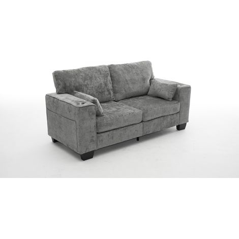 Moderne 2-Sitzer-Sofa aus Chenille in Grau, 182 cm, mit Getränkehaltern und Seitentaschen (1/5)