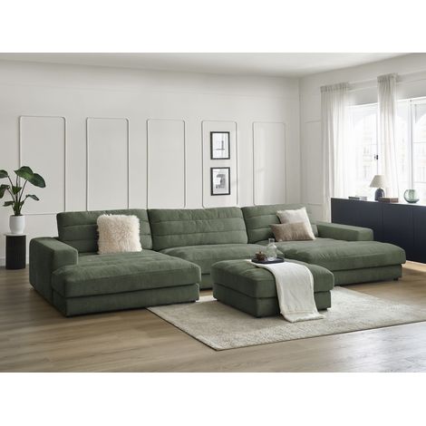 BOBOCHIC - Canapé panoramique fixe SIERRA tissu texturé avec pouf   Vert foncé (1/5)