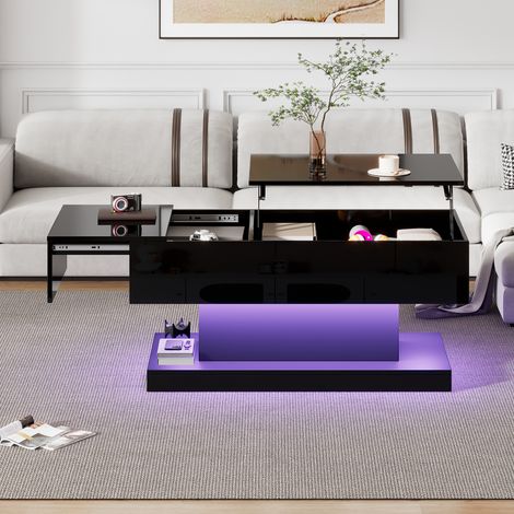 DOKEA Table basse relevable LED 100 x 50 x 45 cm à plateau semi-relevable et porte coulissante, noir (1/5)