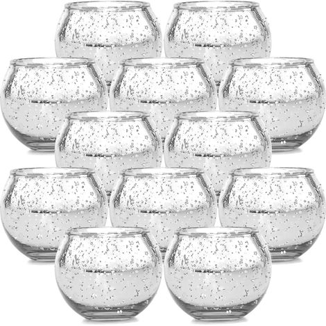 Lot de photophores, Pack de 12 bougeoirs en verre pour chauffe-plat, argenté, pour anniversaire, Noël, cadeau, fête, décoration de la maison (1/5)