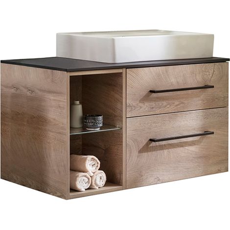 Fackelmann OXFORD Badmöbel Set 4 Teile / Keramik Waschbecken / Waschbeckenunterschrank mit 2 Schubladen / Badregal / Waschtischplatte Schwarz / Korpus & Front: Braun hell / Breite ca. 90 cm"-"90015145 (1/5)