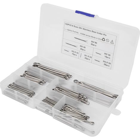 Kit de 120 goupilles fendues en acier inoxydable, 6 dimensions, attaches universelles pour automobile, quincaillerie (1/5)