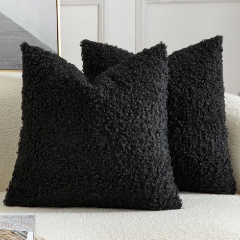 Lot de 2 housses de coussin décoratives en fausse fourrure de sherpa, taies d'oreiller pelucheuses et douces, en peau de mouton, pour canapé, sofa, lit, salon, 45 x 45 cm, noir (1/4)