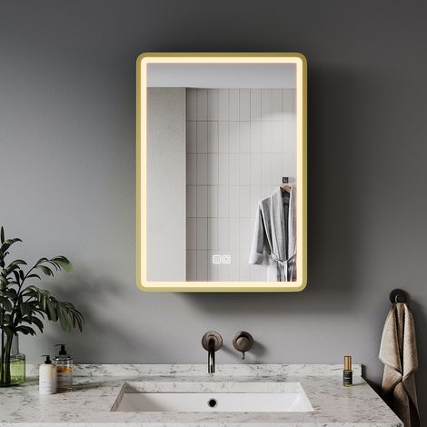 ELEGANT Bathroom LED Mirror Wall Bathroom Mirror Cabinet with Shaver Socket, Bright Adjustment and 3 Lights Changing Modes 500x700mm, Gold (1/5)