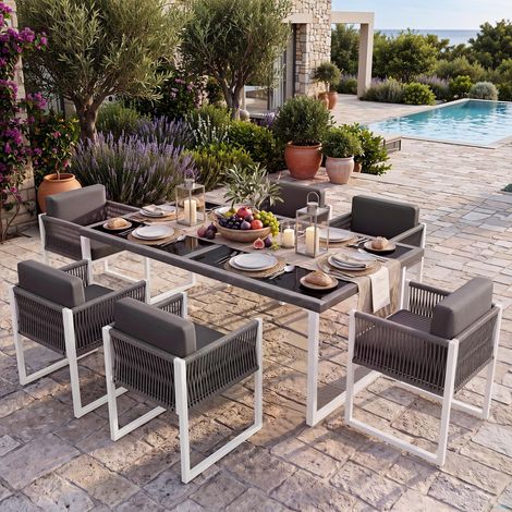 Salon de jardin 6 places, Table de repas extérieure et 6 fauteuils de terrasse, Corde tressée et verre trempé avec coussins déhoussables, Gris et blanc