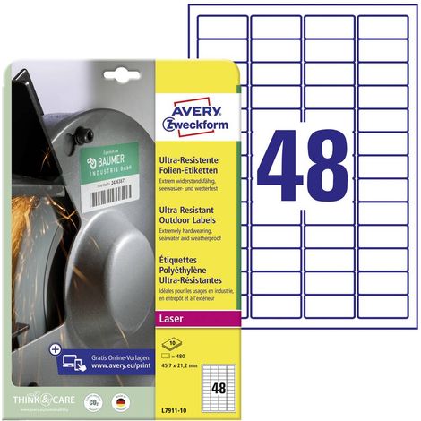 Avery-Zweckform L7911-10 Etichetta a pellicola 45.7 x 21.1 mm Pellicola in polietilene Bianco 480 pz. A tenuta permanen (1/5)