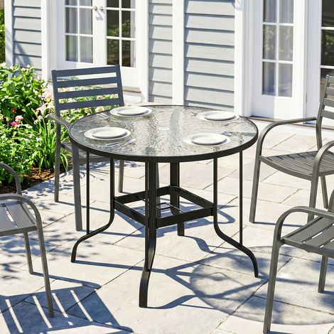 Table de jardin ronde avec trou pour parasol, en métal et verre trempé, Ø96.5x71 cm, noir (1/5)