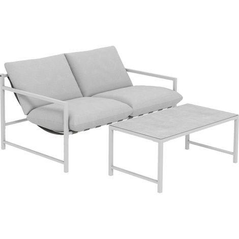 Canapé de jardin 2 pièces avec coussins, table basse en verre marbré 3D trempé, 125x80x64cm, gris clair, ensemble salon extérieur. (1/5)
