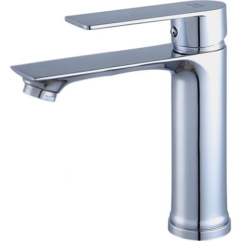 Robinet de lavabo mélangeur en alliage cuivre-zinc, eau chaude/froide, finition chromée, monotrou – livré avec tuyau 60cm (1/5)