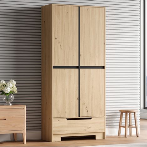 MODFU – Armario de cocina 80x35x180 cm de MDF/aglomerado con cajón, estantes regulables, compartimentos en puerta y carga 60 kg – Natural (1/5)