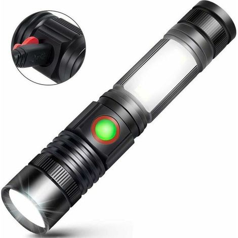 Torche Lampe de Poche LED USB Rechargeable Puissante Militaire Lampe COB Portable Zoomable Torche pour Auto Garage Atelier Camping Bricolage (  Magnétique au Bas)