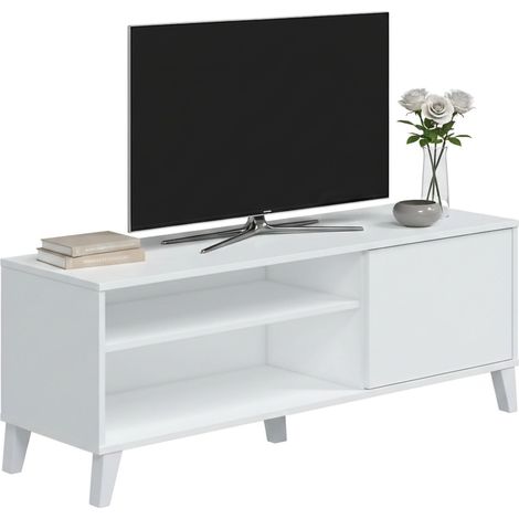 Dmora - Fernsehschrank Ocosta, Ständer für Wohnzimmerfernseher, Niedriges Wohnzimmer-Sideboard, TV-Ständerbasis, 135x40 h50 cm, Weiß