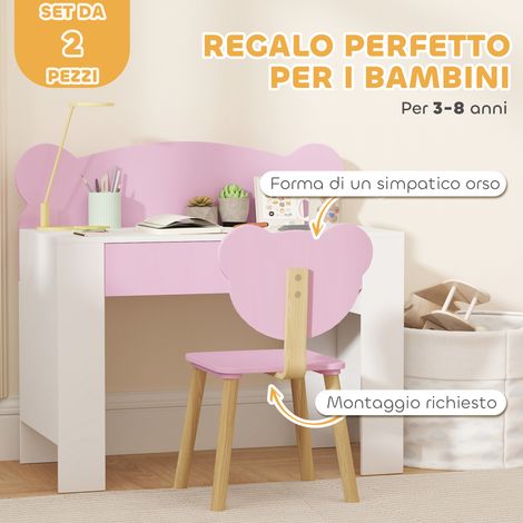 Set de bureau enfant rose avec chaise dossier ours et tiroir, pour 3-8 ans (1/5)