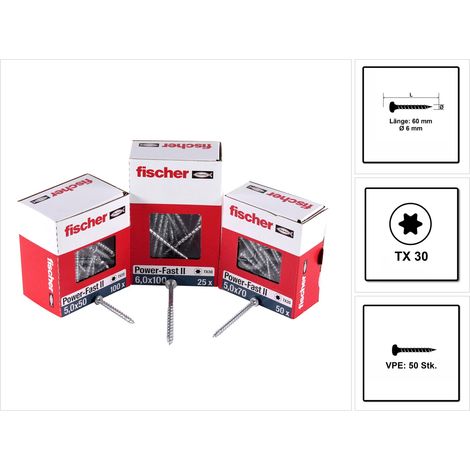 Fischer  50x Power-Fast  II FPF  II PTF  6 x  60 mm  BC an  Head con  impronta TX  filettatura piena  zincata galvanicamente  passivata blu  - 670532