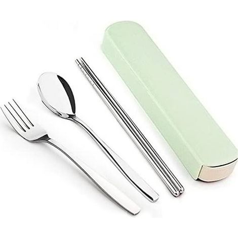 Lot de 3 couverts inox réutilisables : fourchette, cuillère et baguettes avec étui de rangement (1/5)
