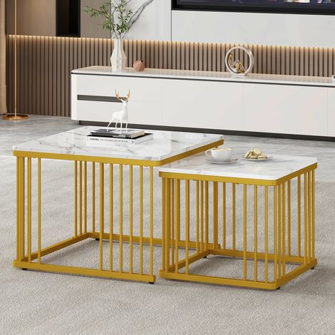 Ensemble de 2 tables basses carrées en marbre brillant,des tables coulissantes avec pieds dorés,606045cm et 454540cm,polyvalentes