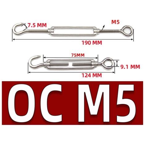 M5 Edelstahl-Kabelspanner, 6er-Pack verstellbare, robuste Haken- und Ösen-Drahtspanner für Seile, Kabel, Wäscheleinen (Typ OC) (1/5)
