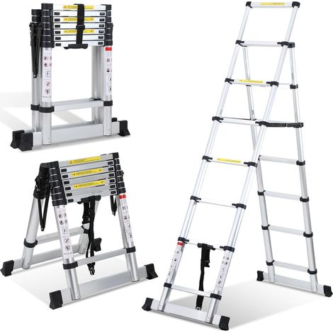 Échelle télescopique pliable, en aluminium, antidérapante, 2 m + 2,3 m, cadre en forme de A à 6+7 marches, capacité de charge maximale : 150 kg (1/5)