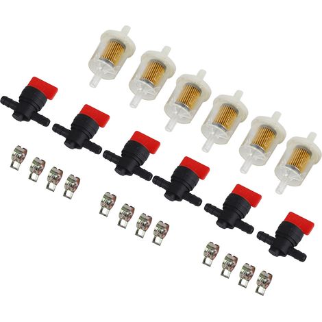 Kit de filtros para carburador, válvulas de cierre y abrazaderas para desbrozadoras y cortacéspedes: 6 filtros, 6 válvulas, 12 abrazaderas de metal y plástico. (1/5)