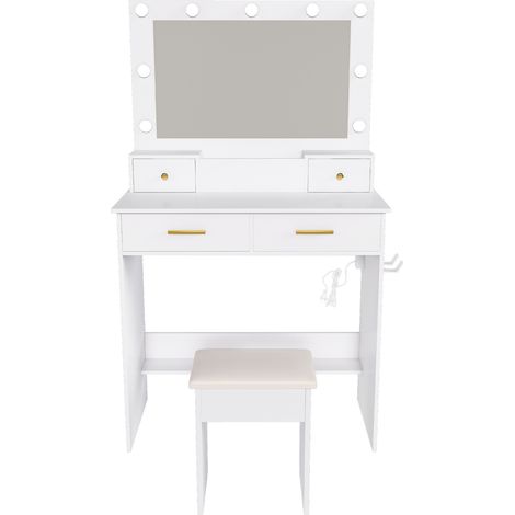 Toeletta bianca con LED regolabile, presa, supporto per phon, 4 cassetti e sgabello (1/5)