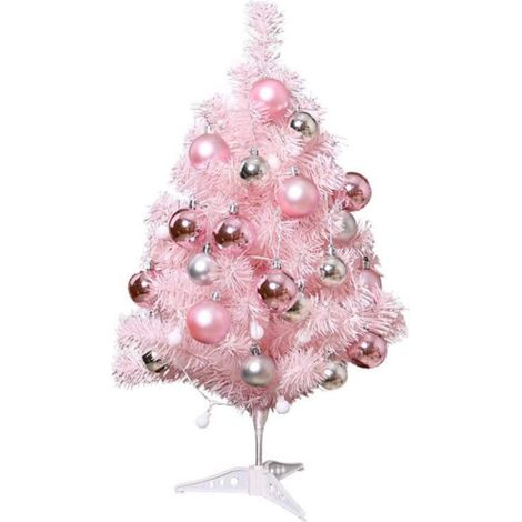 1 Sapin de Noël artificiel, 60 cm, PVC, avec lumière LED, boules décoratives, nœud rose, pour maison, bureau, fête (1/5)