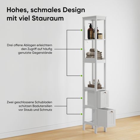 Meuble de rangement salle de bain étroit, colonne de rangement sur pied en bois blanc, armoire haute fine avec 2 tiroirs et 3 étagères, 20x30x160 cm, meuble sous lavabo autoportant. (1/5)