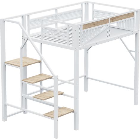 Hochbett Doppelbett mit Sicherheitstreppe, Stauraum und Fenstergeländer 140×200 cm, ohne Matratze, Weiß (1/5)