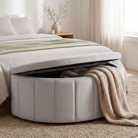 Banquette rembourrée, rangement demi-rond, velours, taupe 108x48x40cm