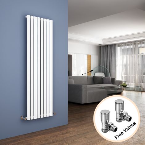 ELEGANT 1600 x 480 mm White Modern Tall Bar Radiator Efficient Rads Single Oval Panel Heater Radiators + Angled Radiator Valves (1/5)