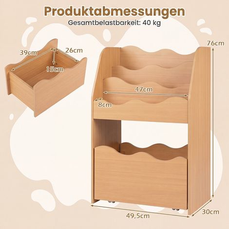 Kids Bookshelf and Toy Storage Organizer 3-Tier BookShelf with Large Rolling Storage Drawer-Natural (1/5)