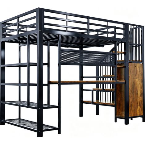 Letto a soppalco in metallo 140 x 200 cm con scrivania, ripiani, LED e presa, nero (1/5)